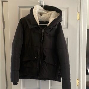 Black Hooded Puffer Jacket with Cream Lining